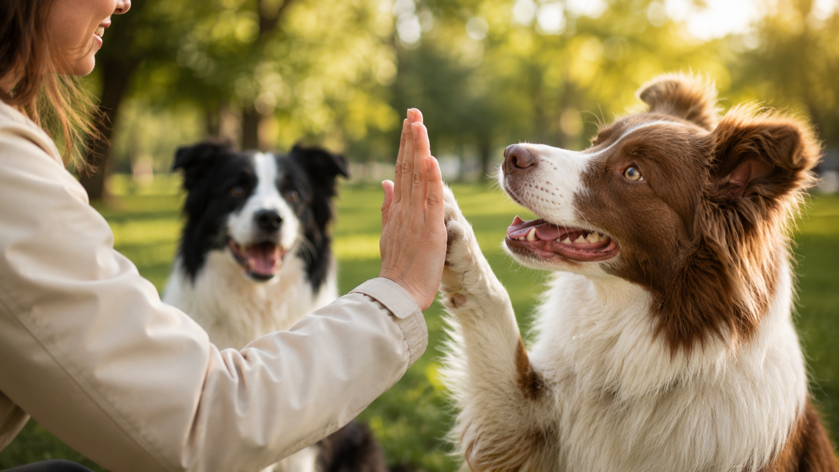 Persona y perro dándose la pata — vínculo y confianza