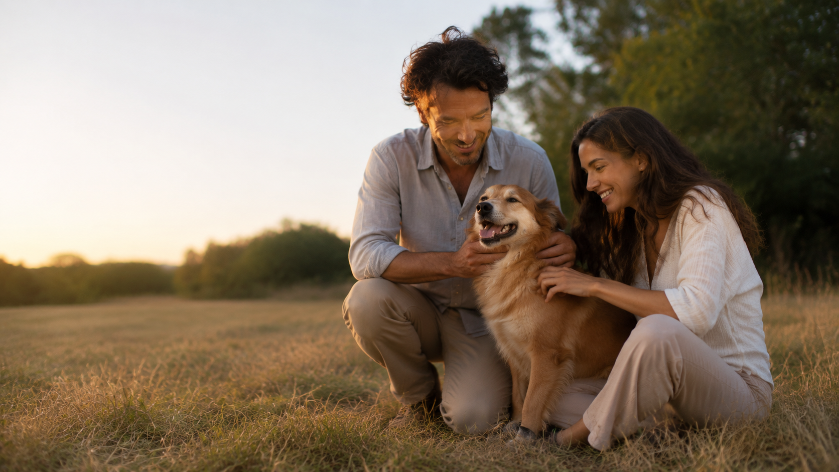 Pareja con su perro — vínculo familiar y cuidado